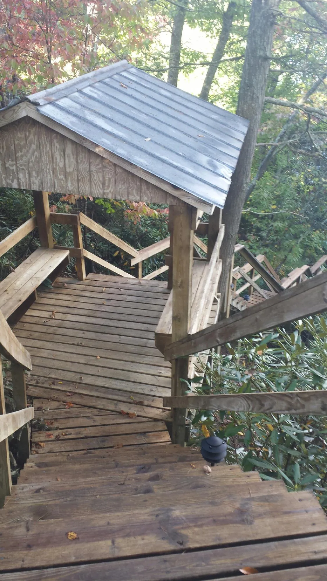 Metal roofed shelter over wooden steps on a wooded walkway — Skylight Repair & Installation work by our crew in South Hill